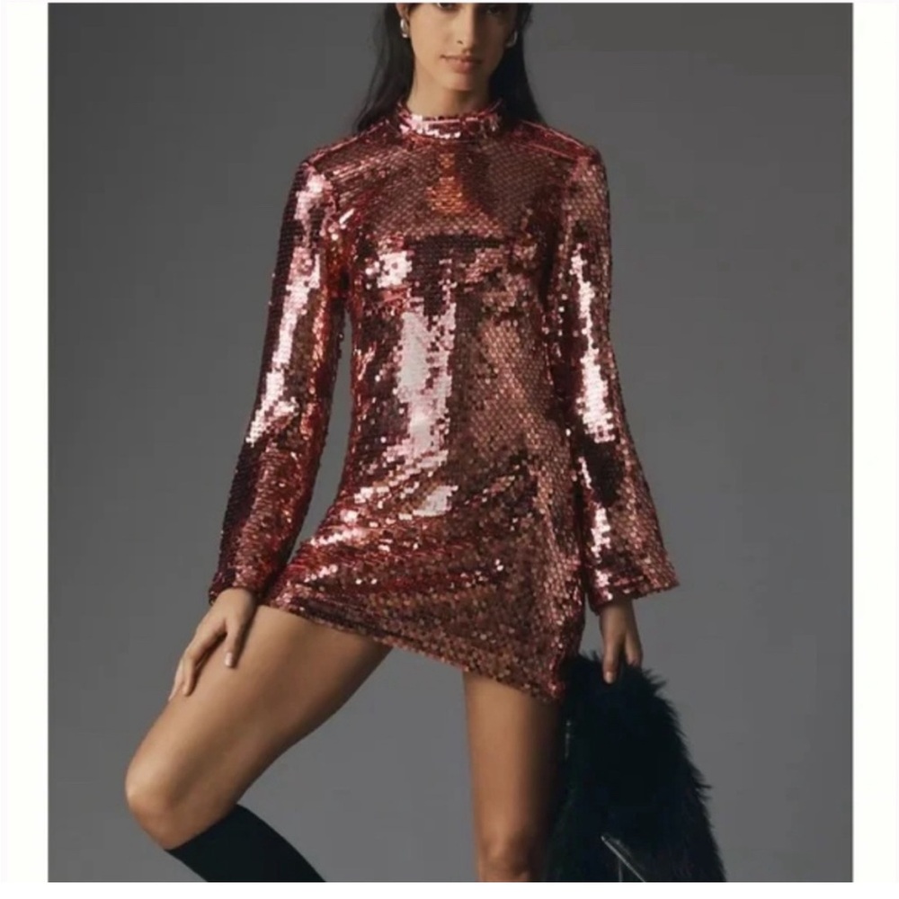 NWT Anthropologie | Maeve | Pink Long Sleeve Mock Neck Sequin Mini Dress, M